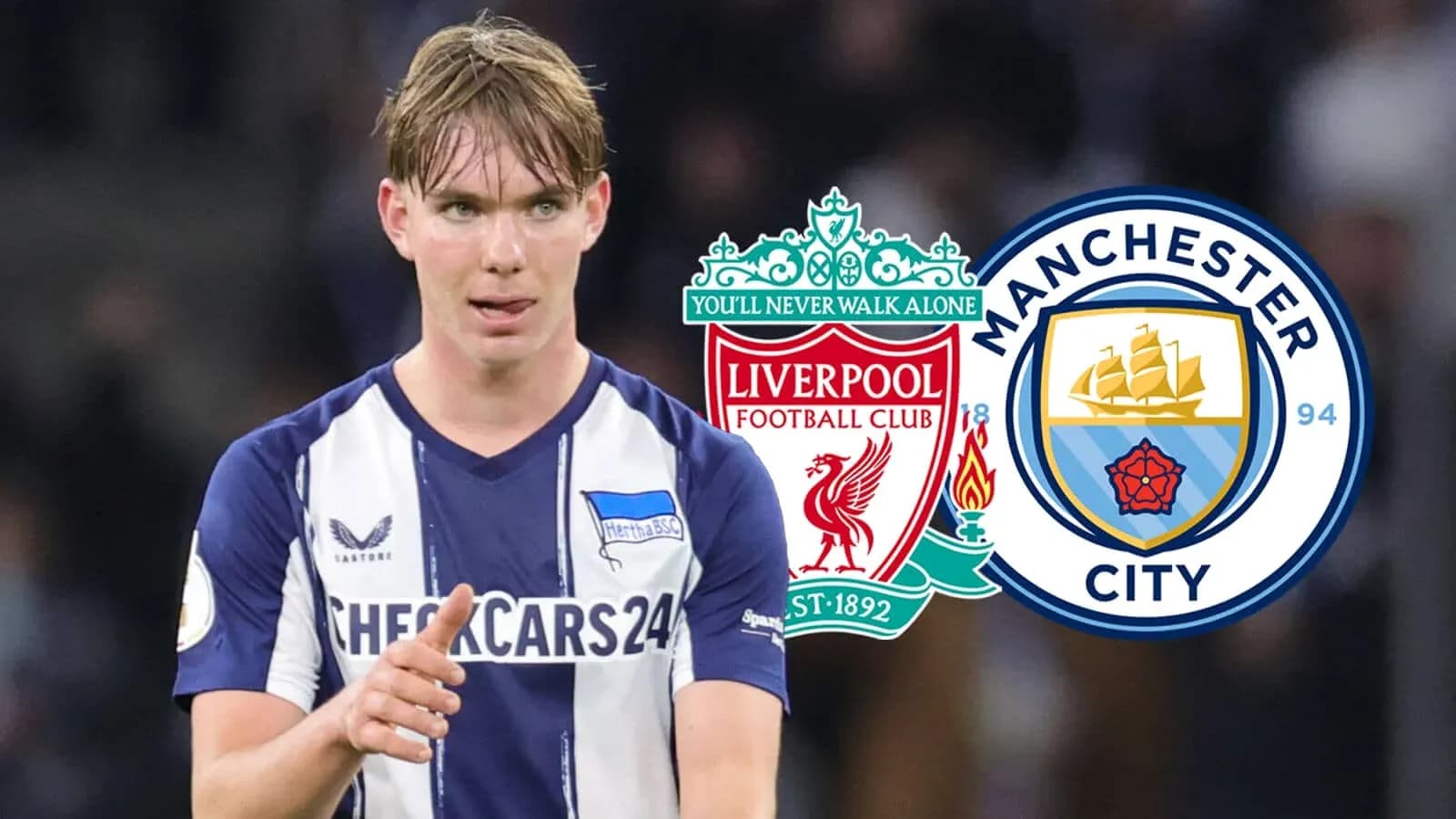 Futbolçu topa işarə edir, Liverpool və Manchester City emblemləri