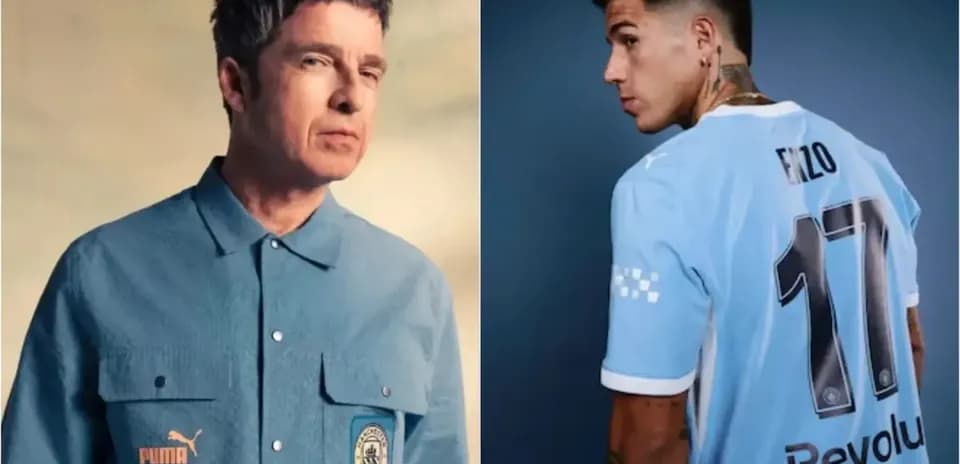 Noel Gallagher and footballer wearing Manchester City kits
