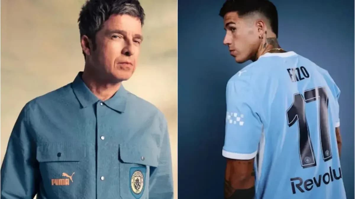 Noel Gallagher and footballer wearing Manchester City kits