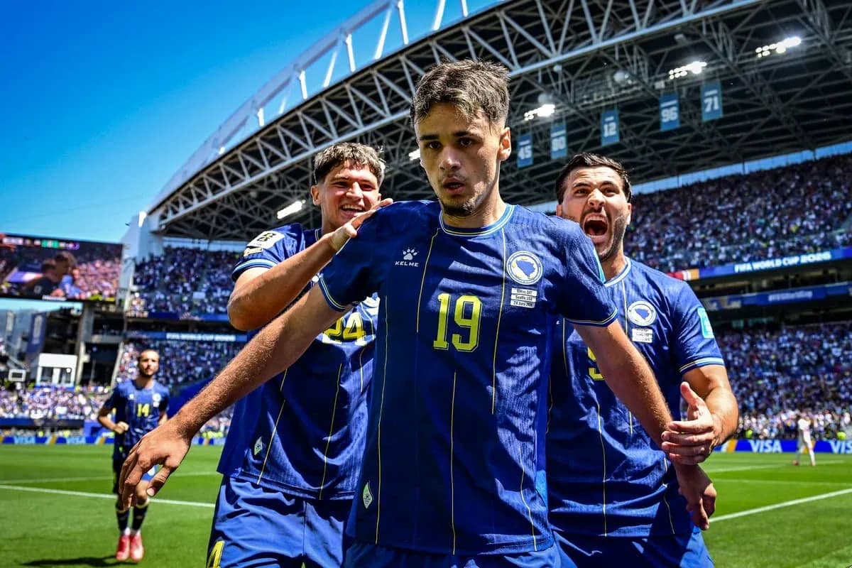 Bosnia players celebrating goal during World Cup match