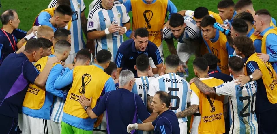 Argentina team huddle during FIFA World Cup match