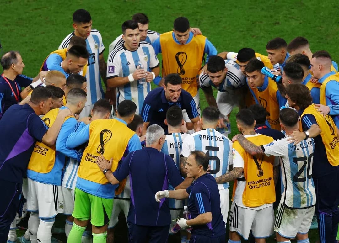 Argentina team huddle during FIFA World Cup match