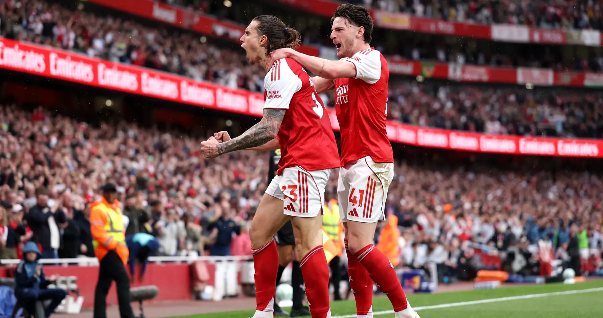 Arsenal players celebrating a goal during match