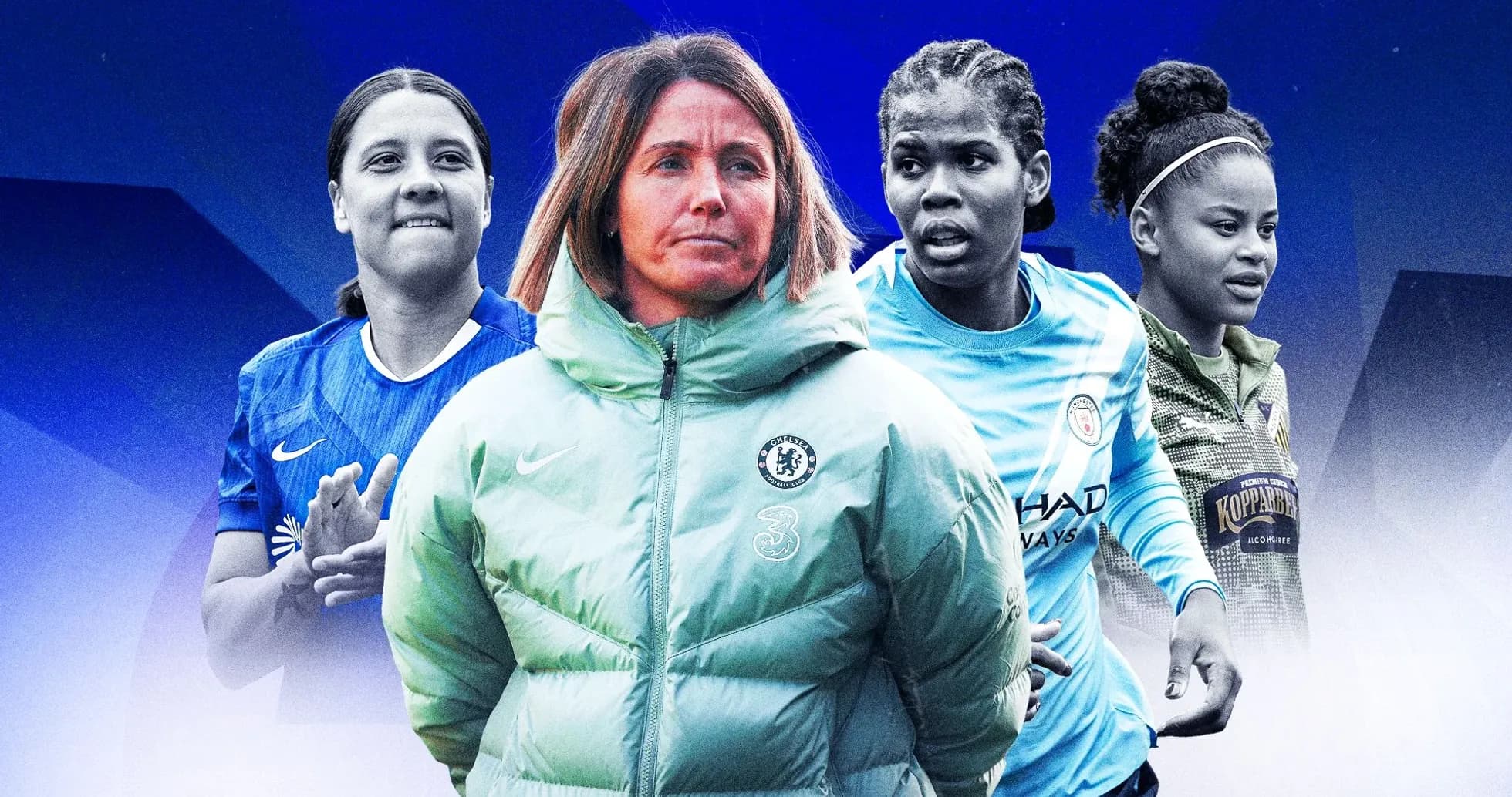 Women's football players and coach in team jerseys
