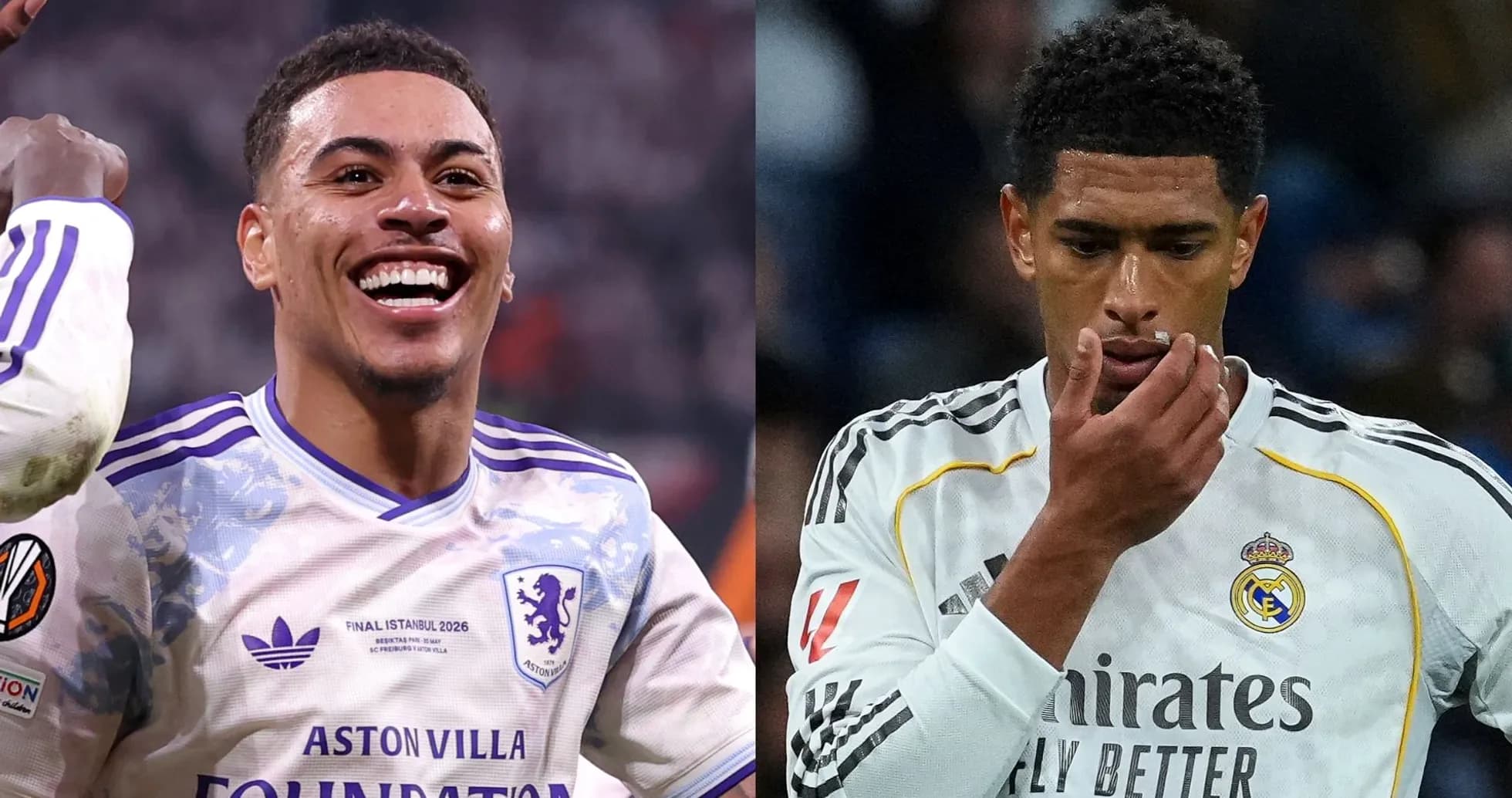 Two football players in contrasting emotions during match