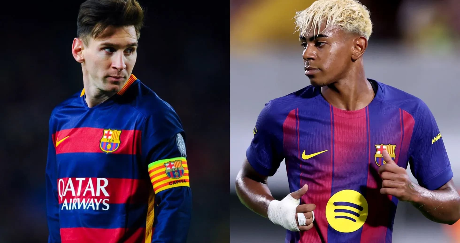 Two FC Barcelona players in team jerseys