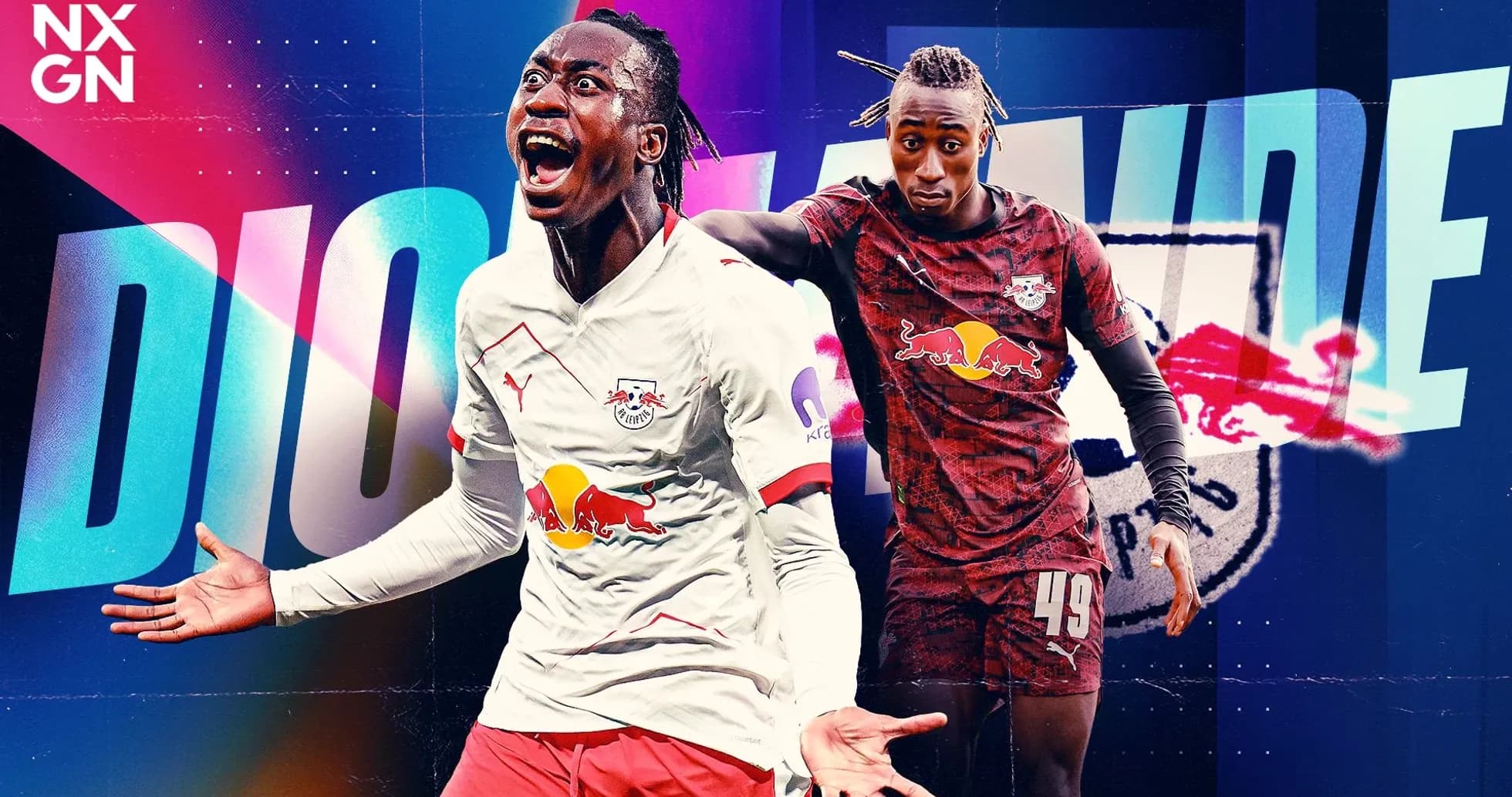 Dioh Sabi celebrating and posing in RB Leipzig kit