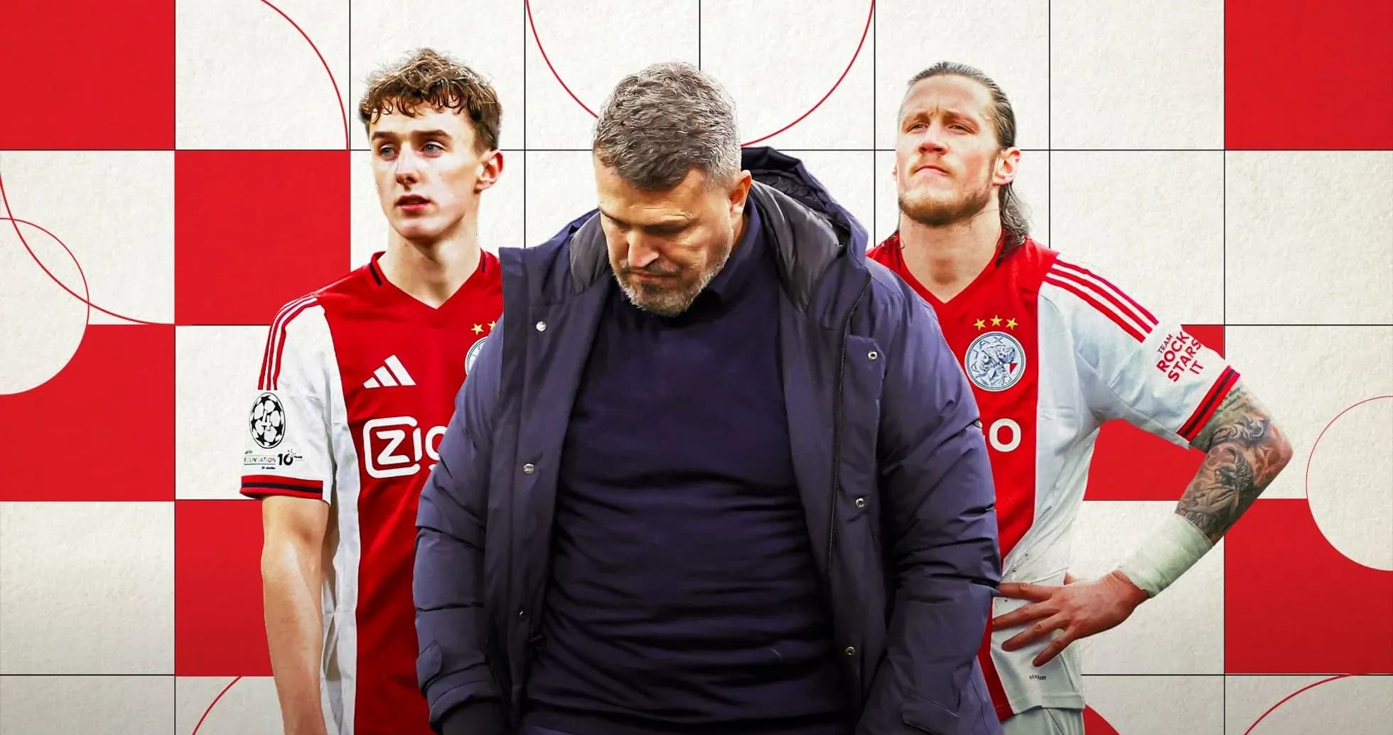 Ajax coach with two players in red kits