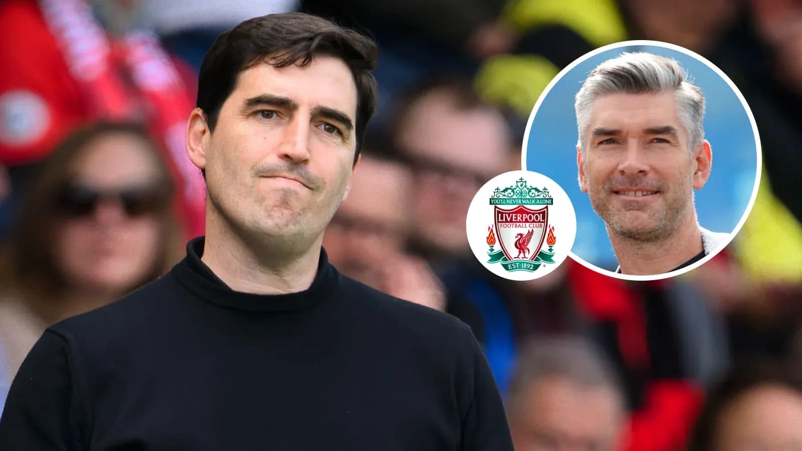 Football manager observing match with Liverpool logo