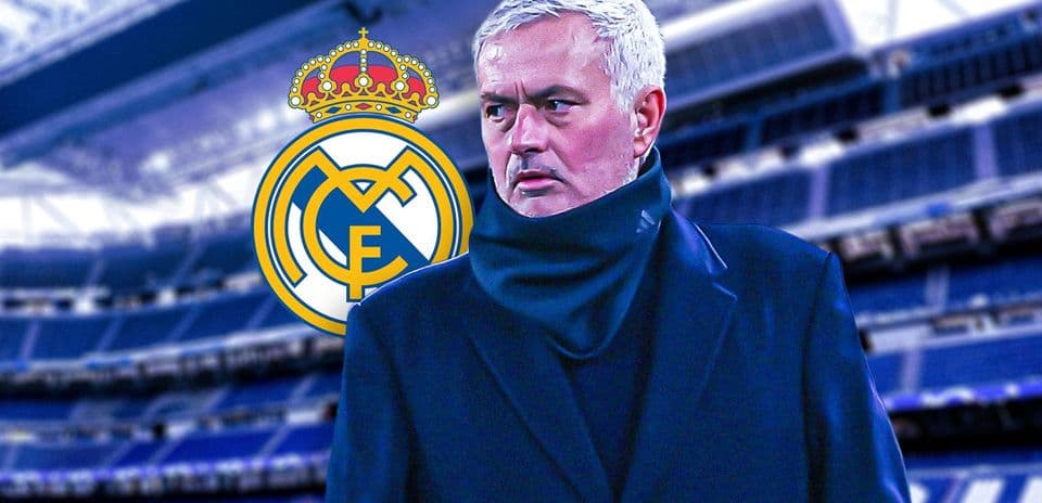 José Mourinho in front of Real Madrid logo