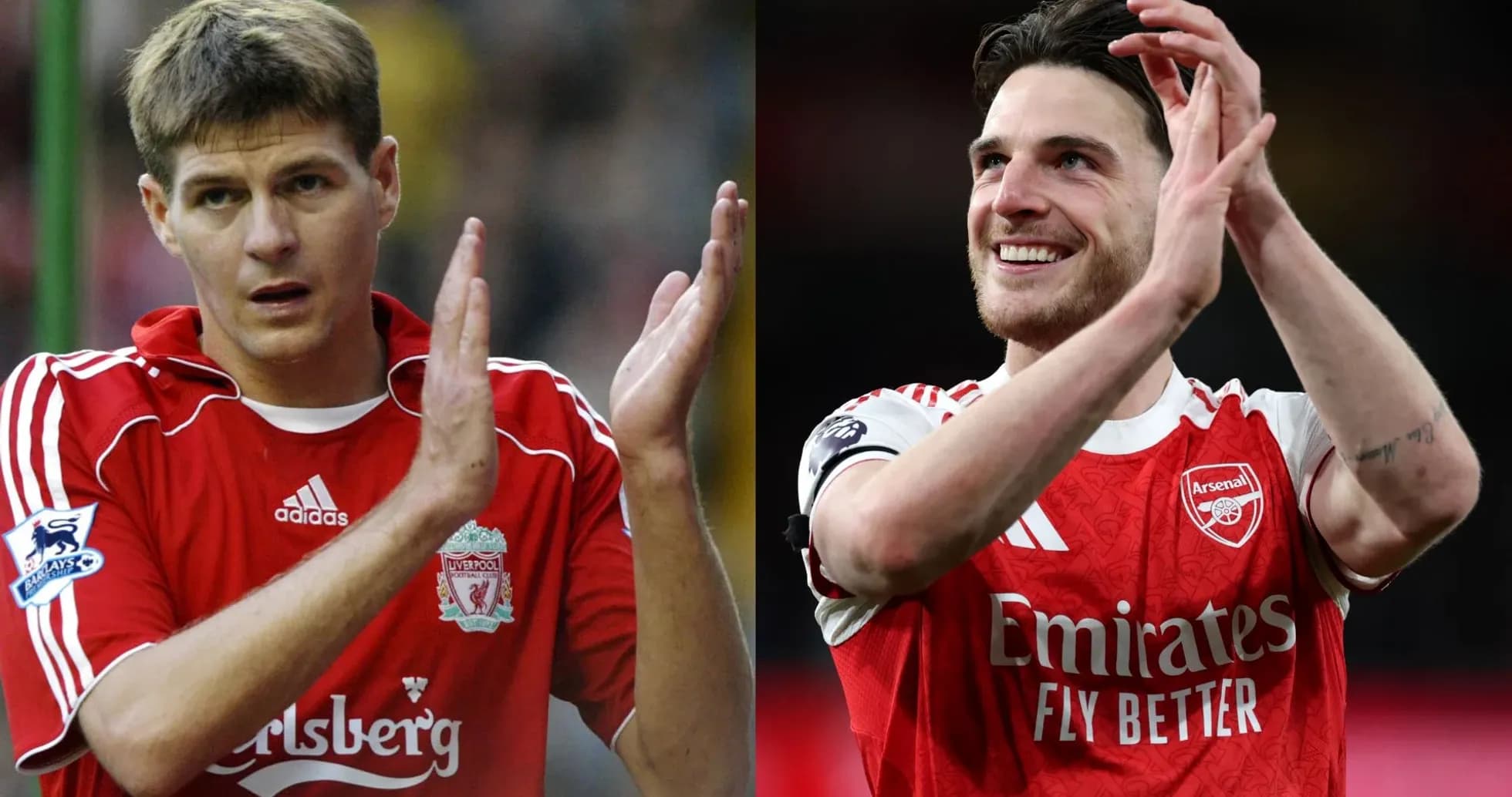 Two football players applauding fans in their jerseys