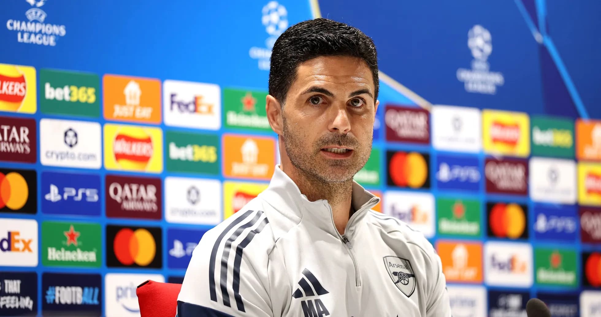 Mikel Arteta speaking at Champions League press conference