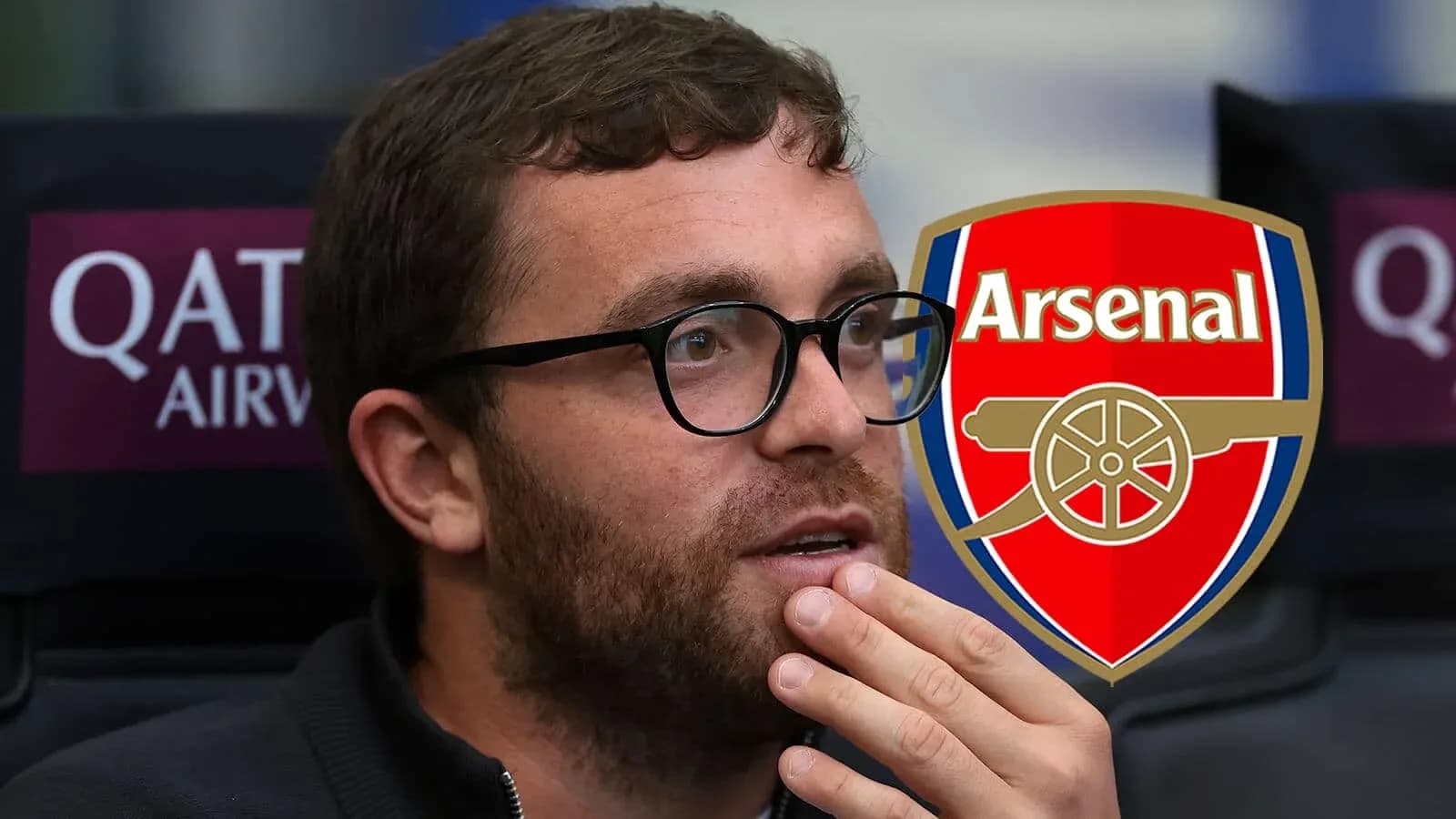 Person thinking with Arsenal logo in background