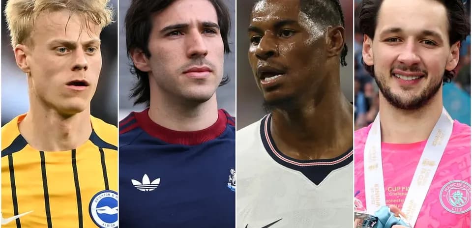 Four football players in different jerseys and expressions