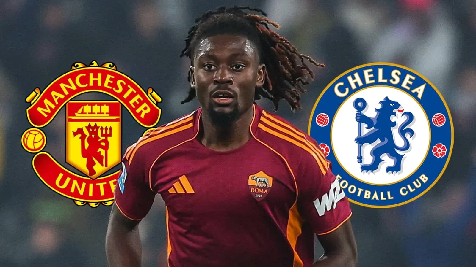 Futbolçu Roma formasında, Manchester United və Chelsea loqoları ilə