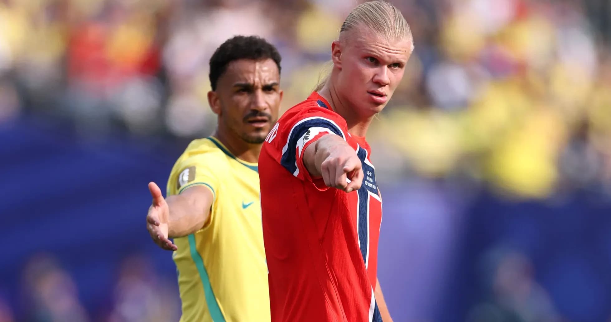 Erling Haaland pointing during match against Brazil