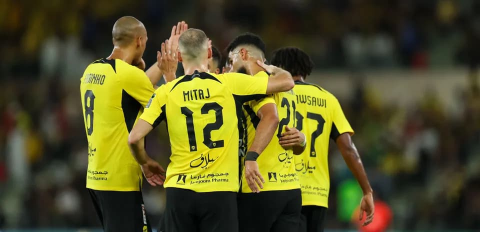 Ittihad players celebrating a goal during match
