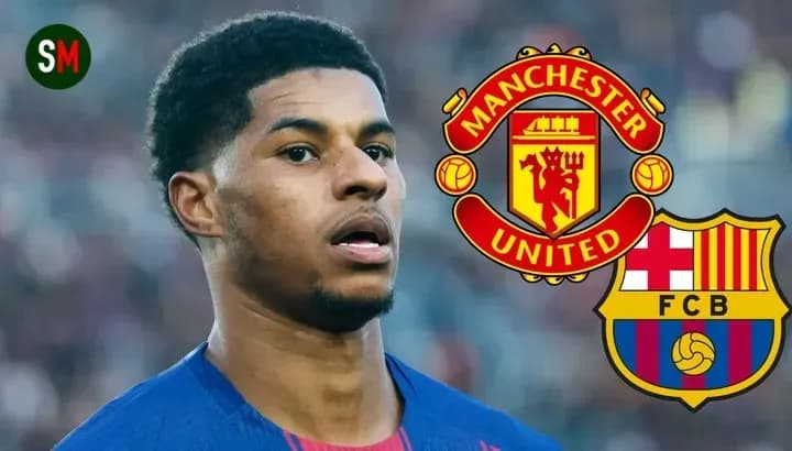 Futbolçu Marcus Rashford, Manchester United və Barcelona emblemləri