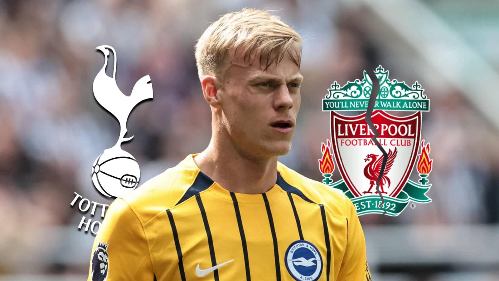 Futbolçu Brighton formasında, Tottenham və Liverpool emblemləri ilə