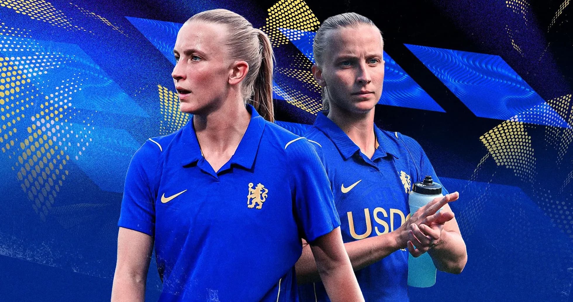 Futbolçu mavi forma geyinmiş, su şüşəsi tutmuş