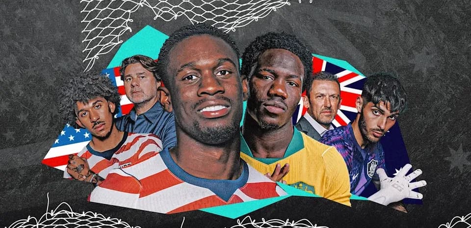 Group of soccer players and coaches in colorful backgrounds