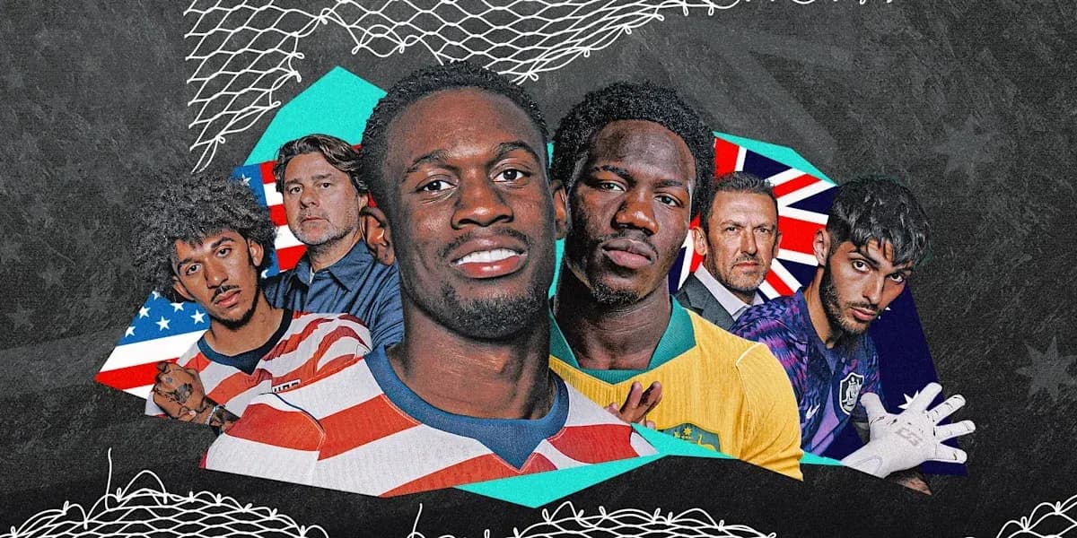 Group of soccer players and coaches in colorful backgrounds