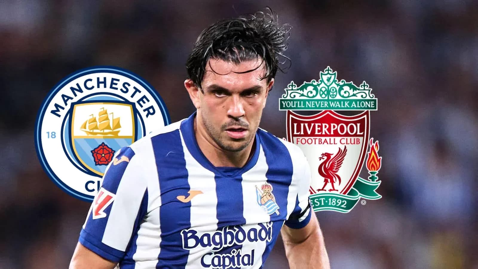 Futbolçu Real Sociedad formasında, logolar fonunda