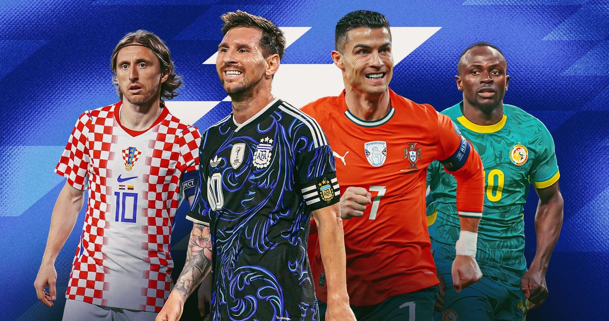 Four famous football players in team jerseys
