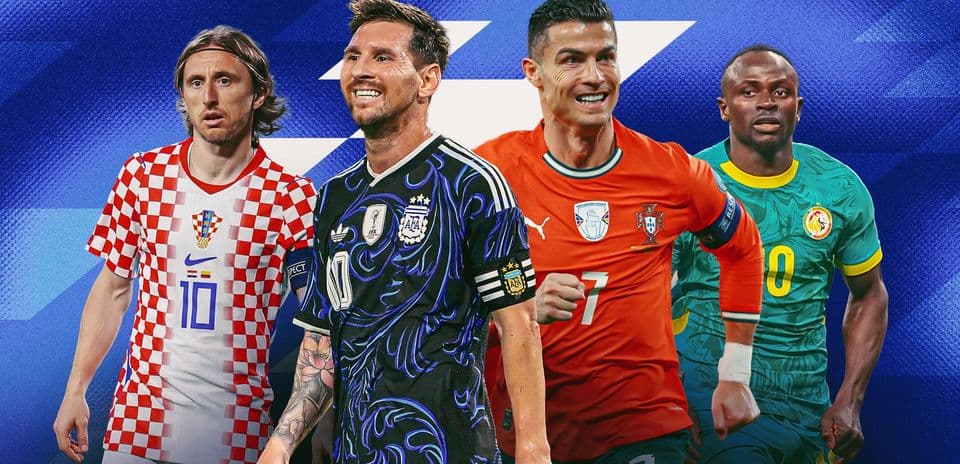 Four famous football players in team jerseys