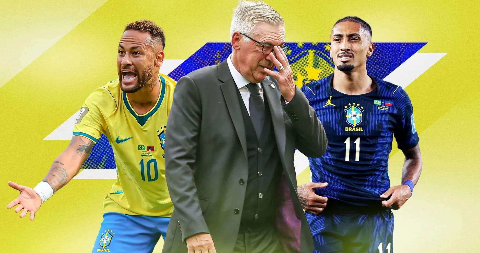 Neymar and coach with teammate during Brazil match