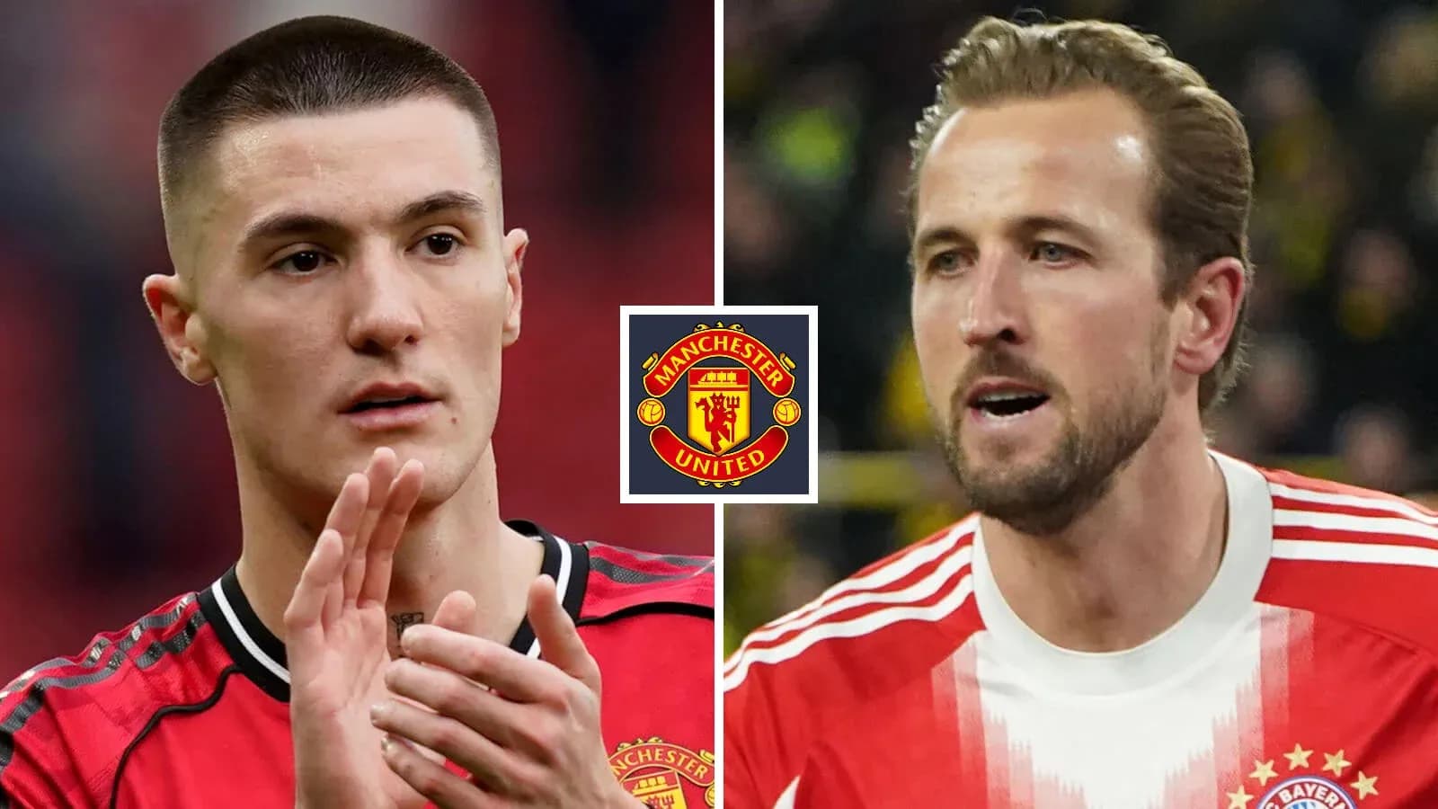 İki futbolçu, Manchester United logosu arasında