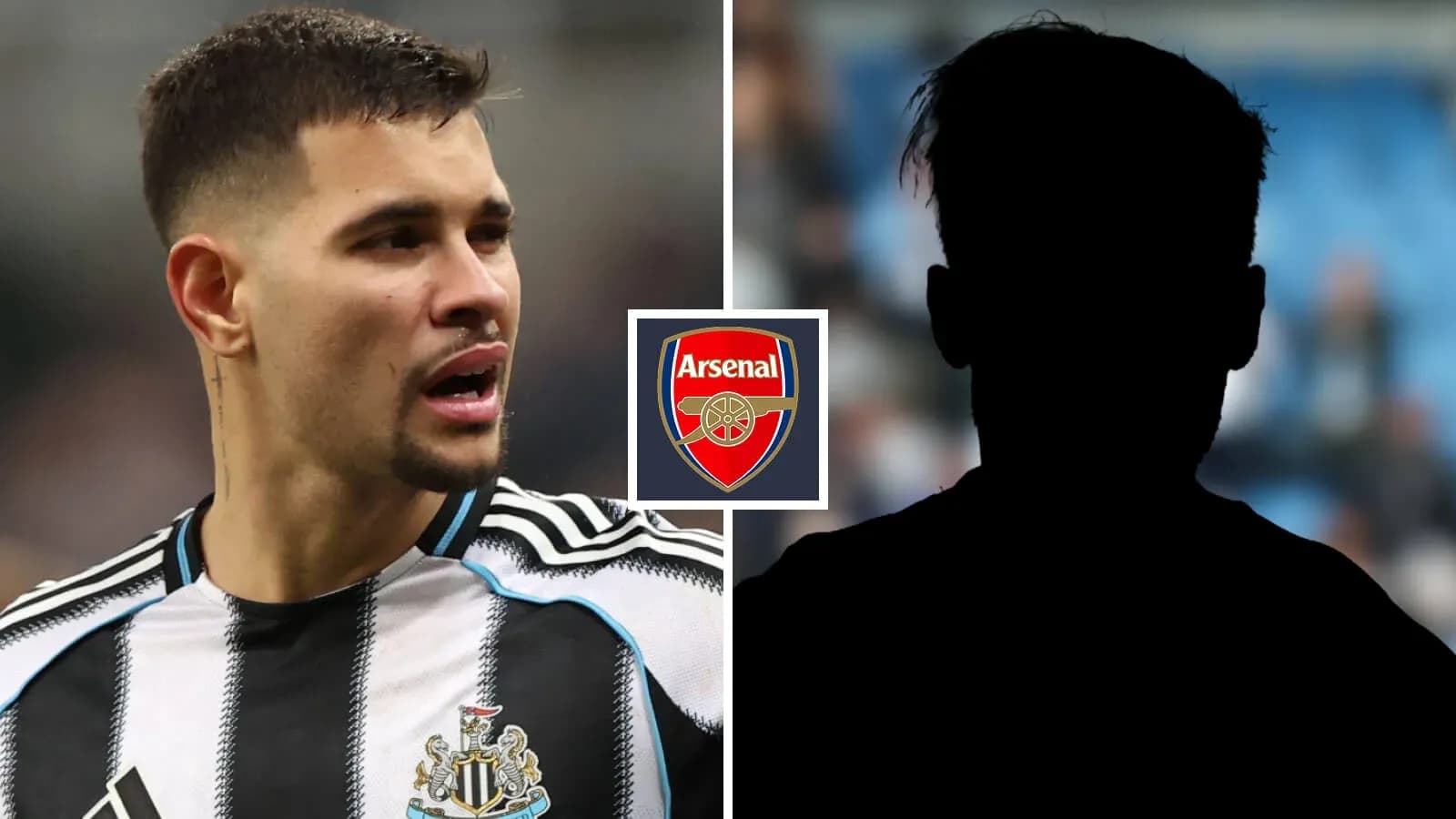 Newcastle player speaking with Arsenal logo overlay