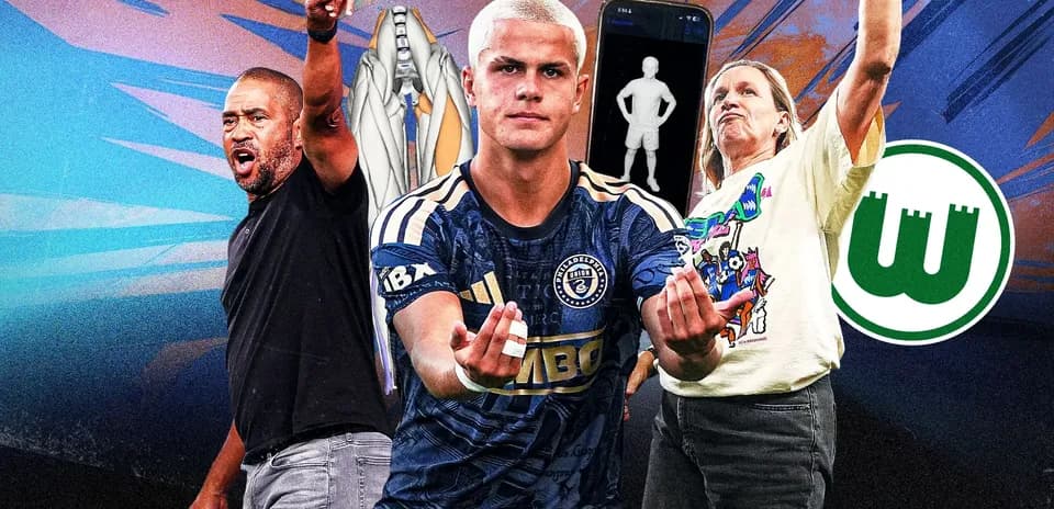 Three individuals expressing excitement with team logos