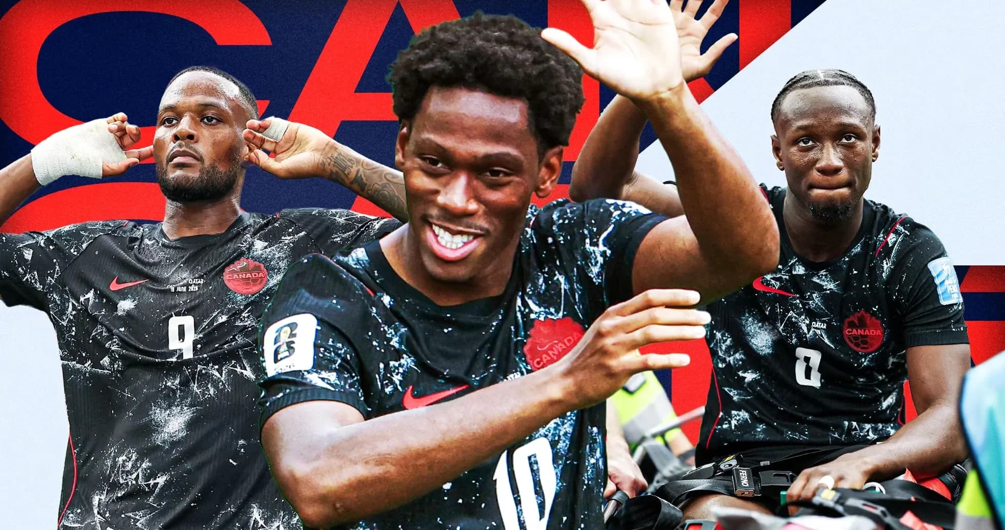 Üç Kanada futbolçusu, forma geyinmiş, bir arada