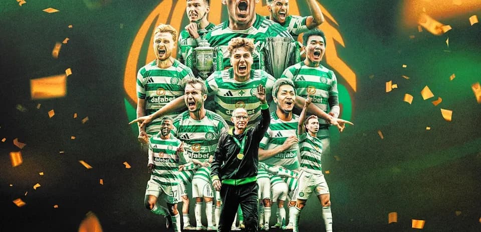 Celtic FC players celebrating with trophy and confetti
