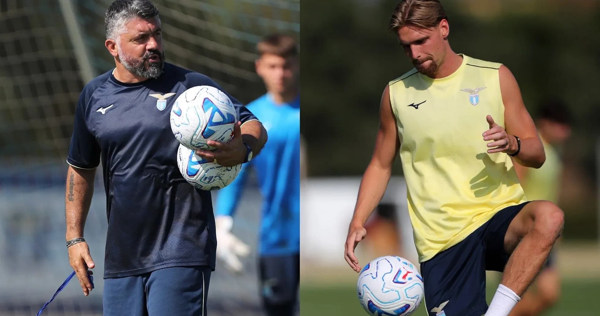 Lazio coach and player training with footballs