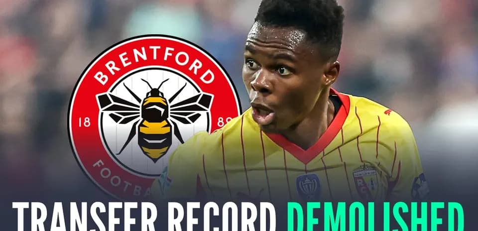 Brentford logo with player celebrating transfer news