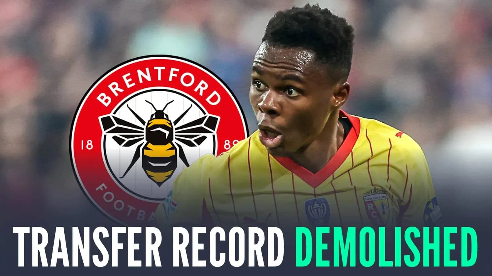 Brentford logo with player celebrating transfer news