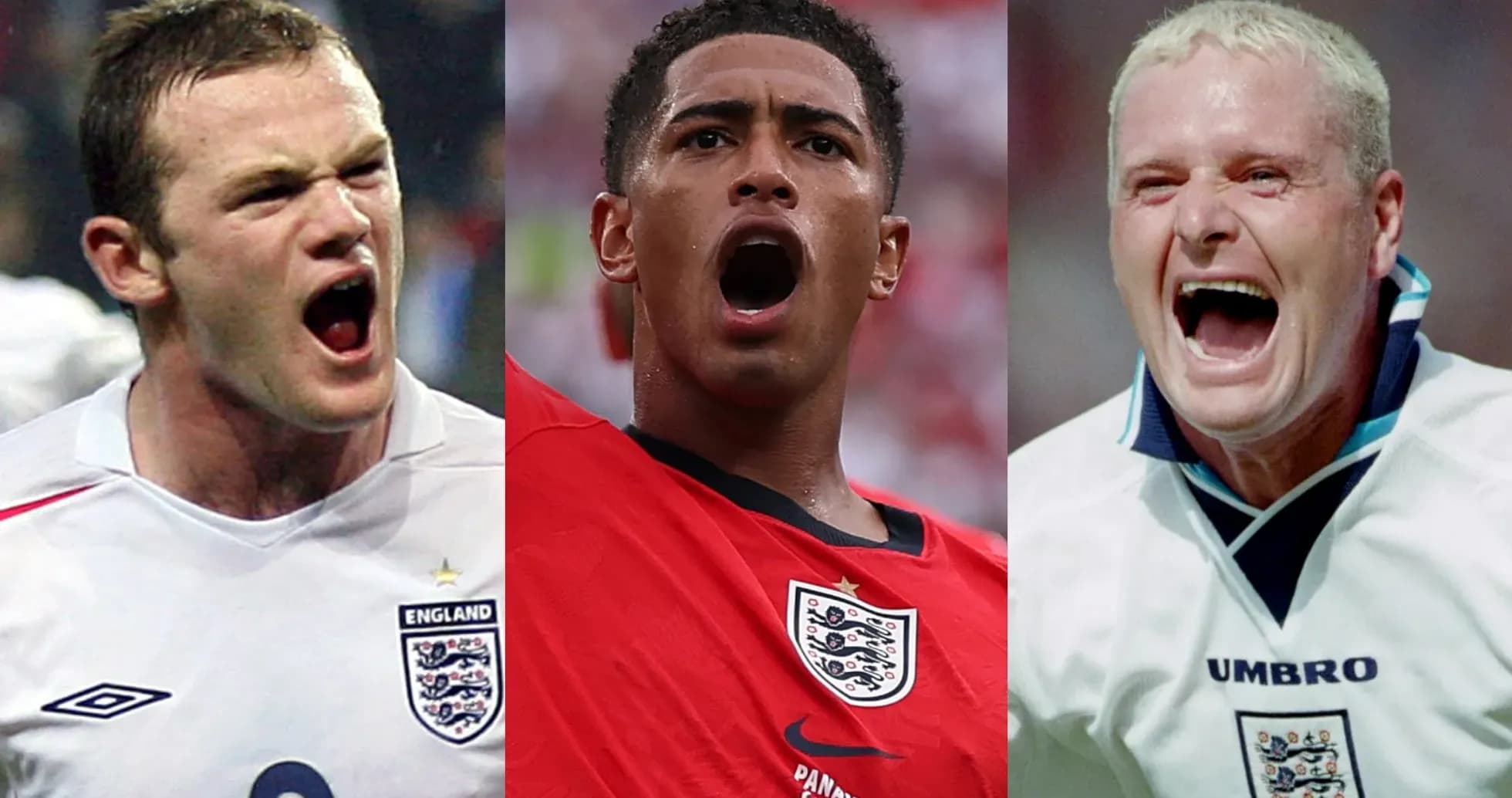 Three England players celebrating passionately
