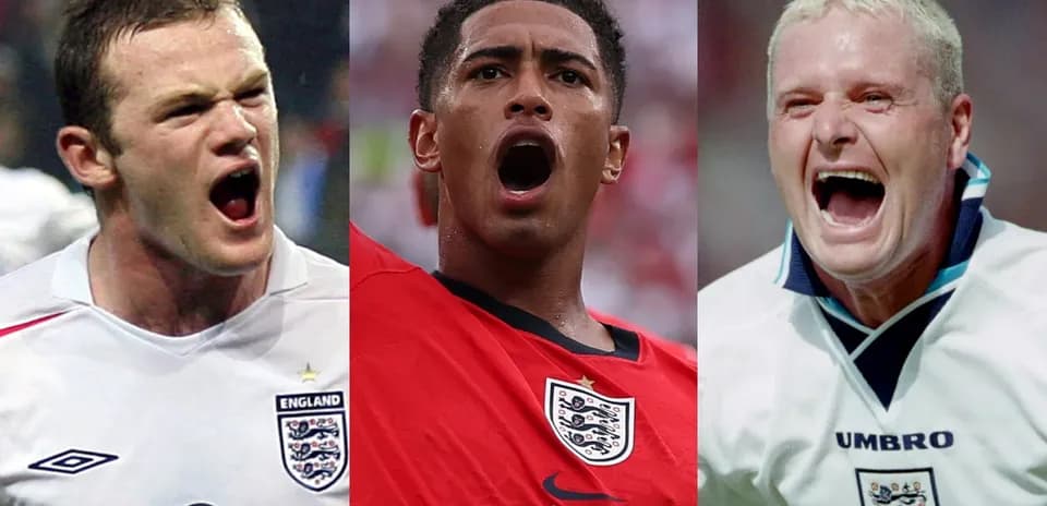 Three England players celebrating passionately