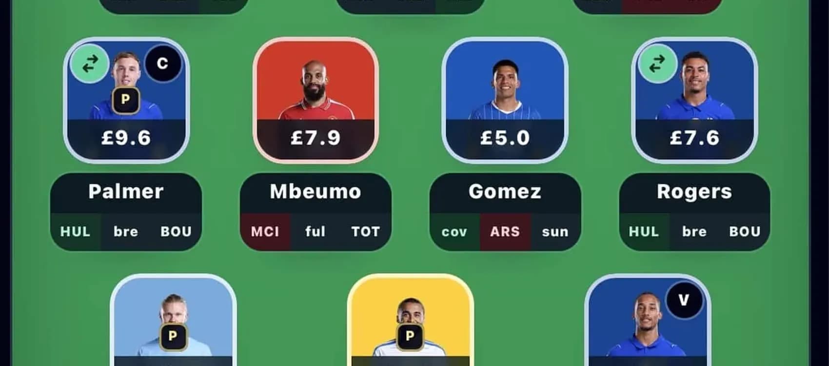 Fantasy football player selection screen with stats