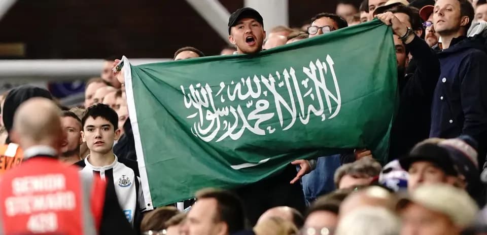 Fan holding Saudi Arabia flag in stadium crowd
