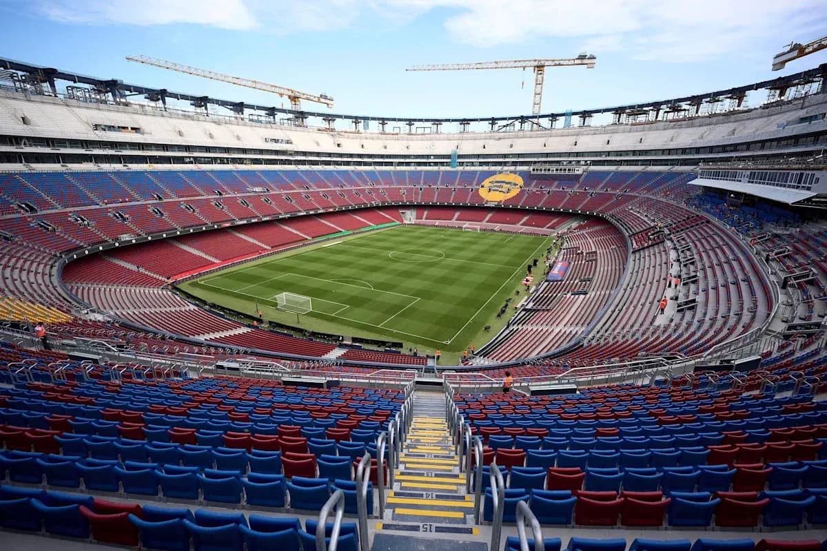 Camp Nou stadium with empty seats and pitch