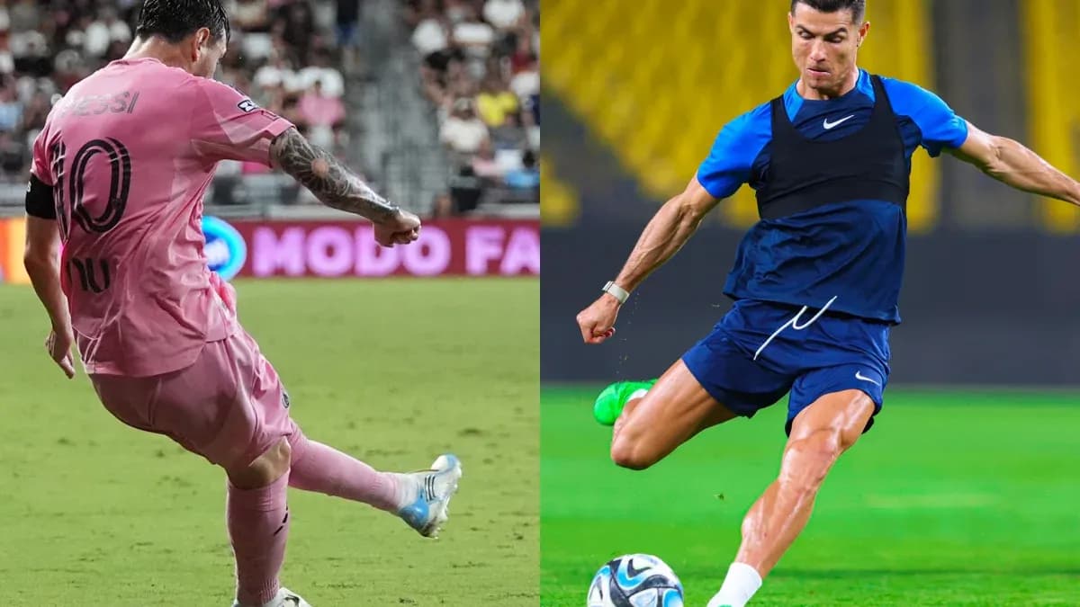 Messi and Ronaldo kicking the ball during training