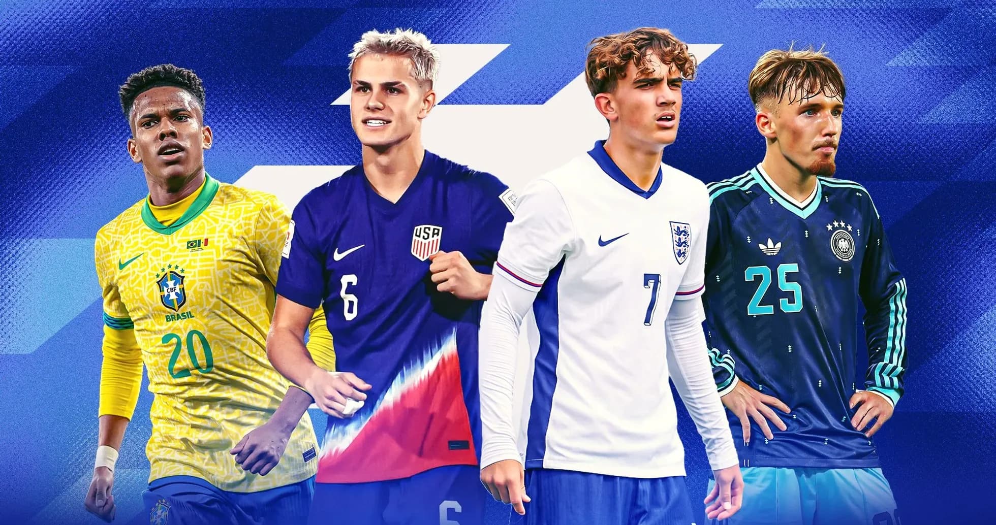 Four young soccer players in national team jerseys