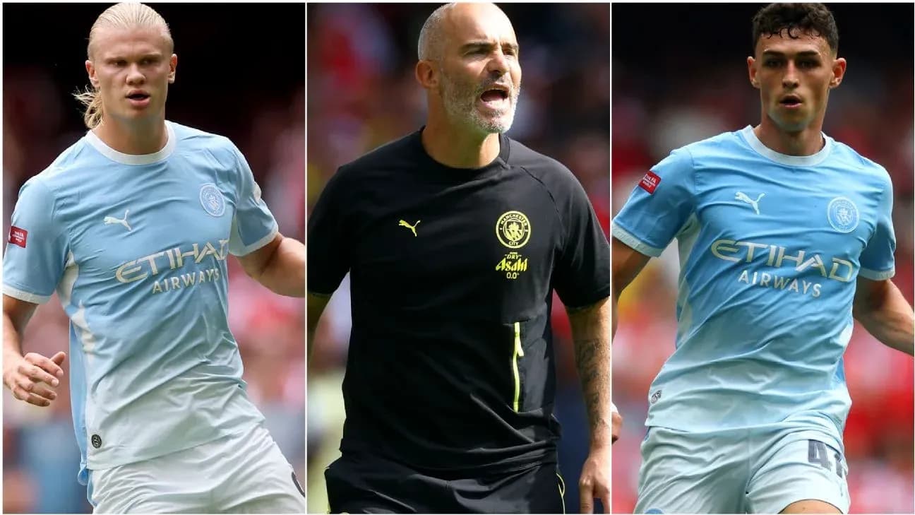 Three Manchester City players during match action