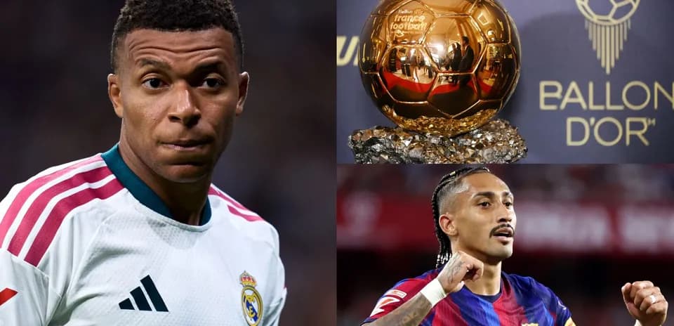 Kylian Mbappé and player celebrating, Ballon d'Or trophy