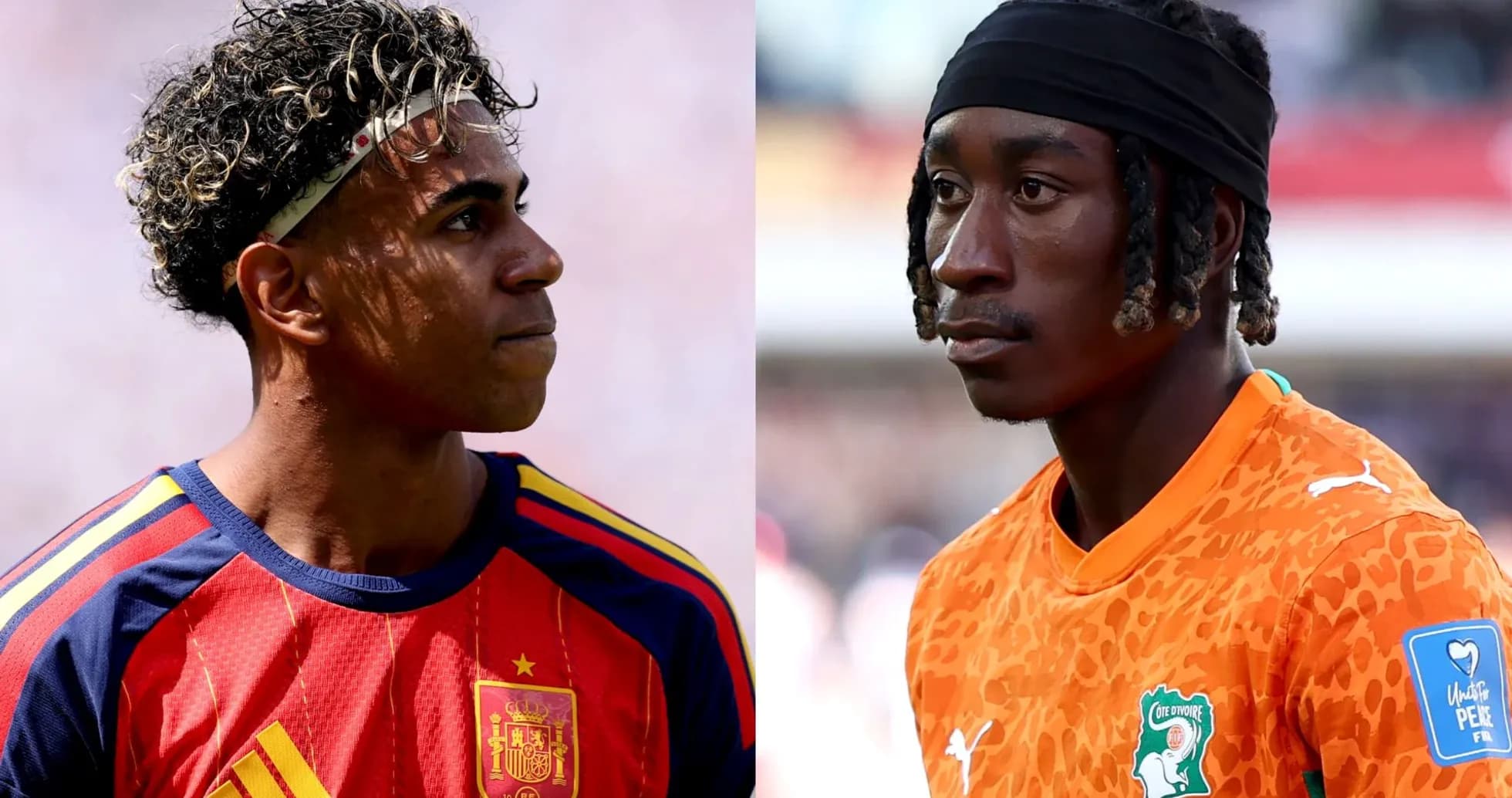 Spain and Ivory Coast players in profile during match