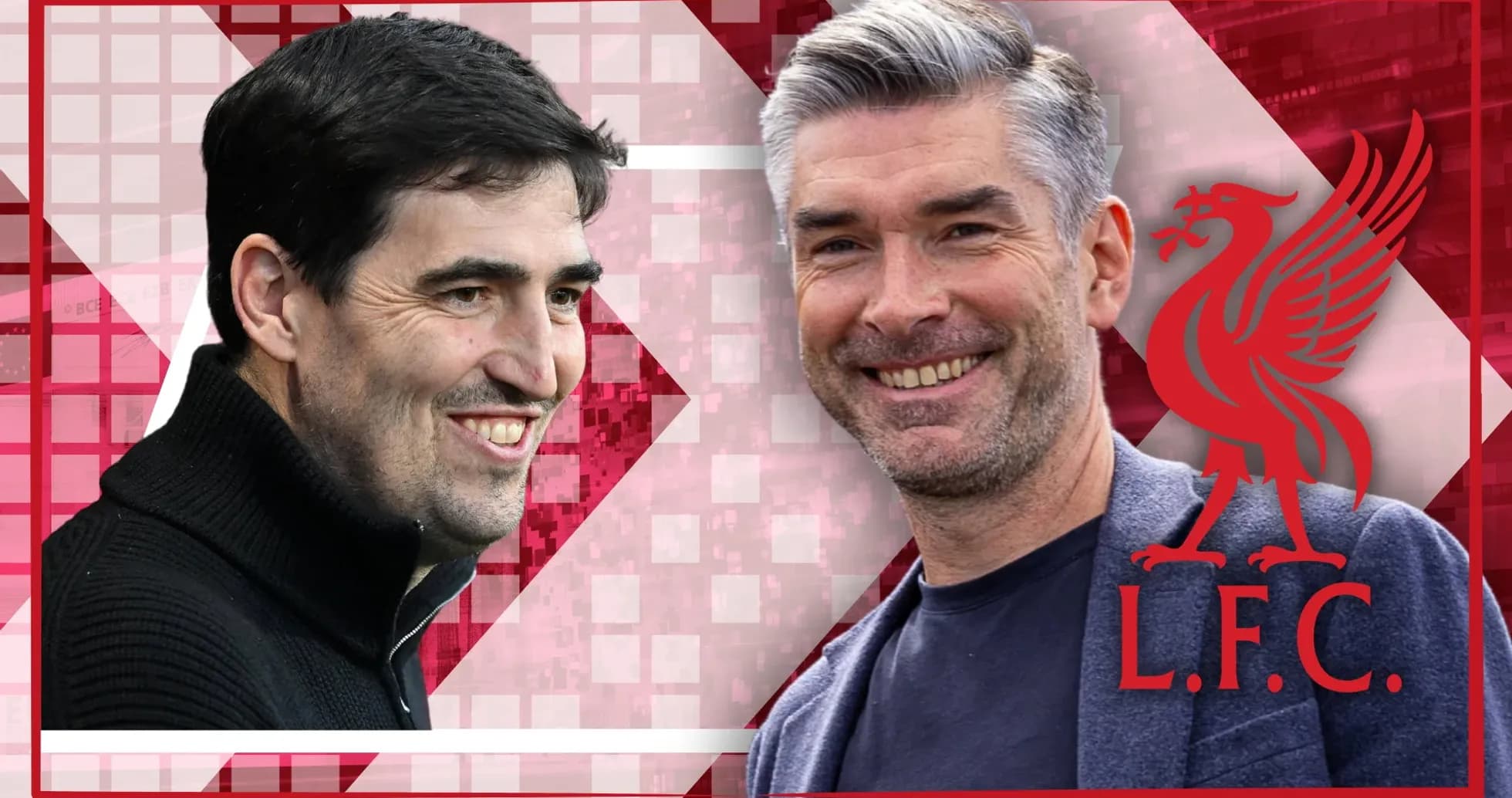 Two coaches smiling with Liverpool logo background