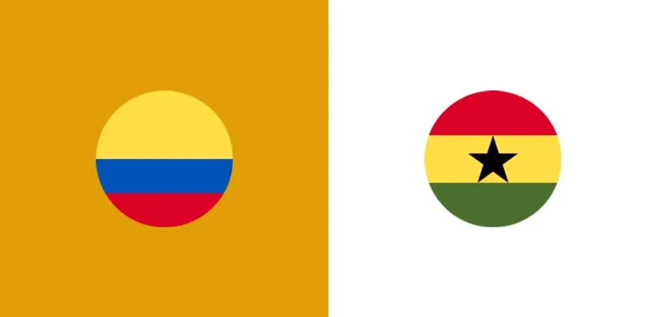 Flags of Colombia and Ghana on contrasting backgrounds